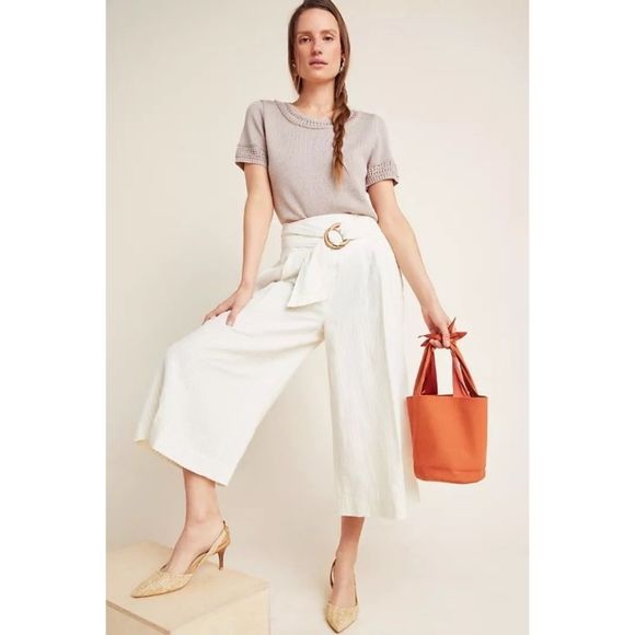 Anthropologie Pants - Anthropologie Palm Beach Belted Pants Wide Leg Cropped Linen Cotton Blend 10